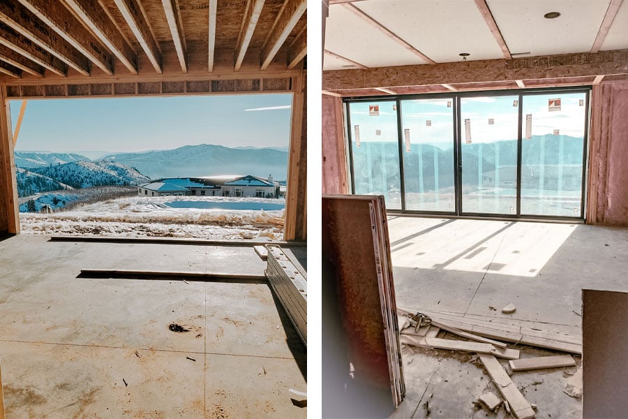 a four-panel sliding patio door is being built to showcase mountain views