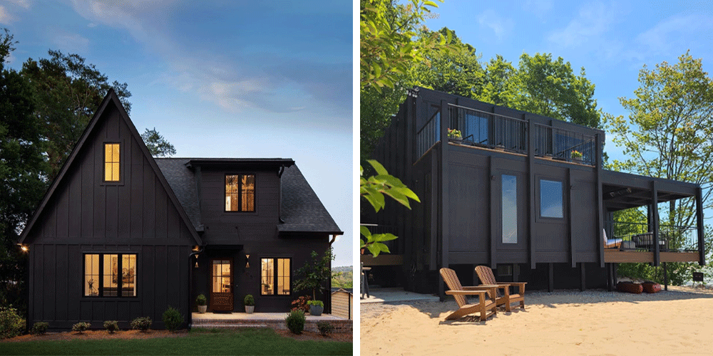 A black farmhouse and a modern black beach house both stand out
