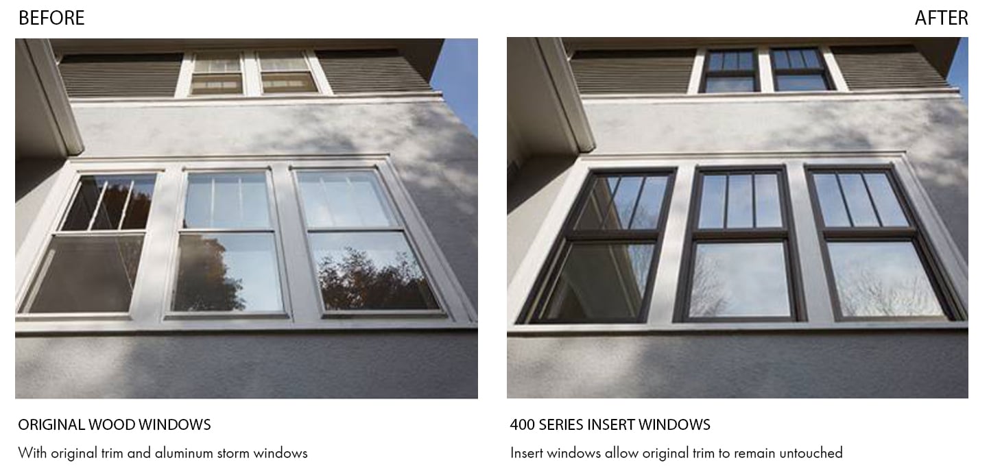 closeup of home with before and after images of windows
