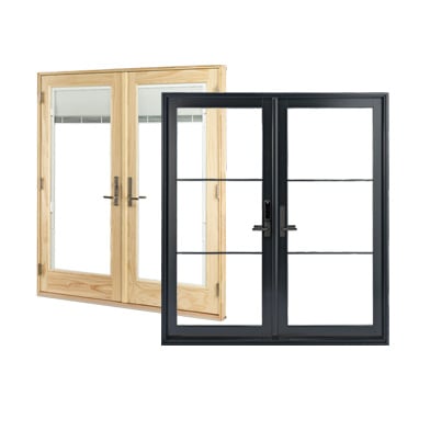 two andersen hindged patio door styles illustration with wood and black frame
