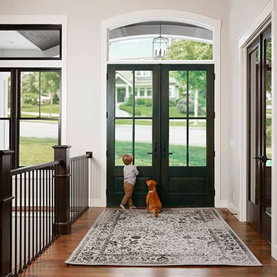 Small child with a dog inside of white house by a black Andersen residential entry door
