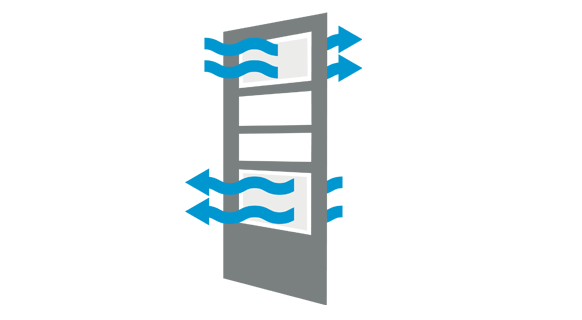 illustration showing dual venting on a three quarter style storm door