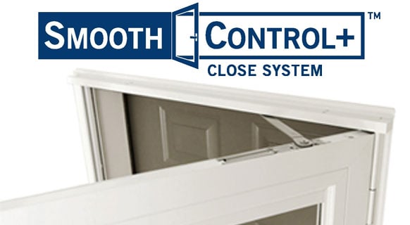 smooth control logo and close up of storm door with feature