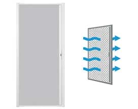 illustration of LuminAire™ retractable insect screen door with arrows showing air flow