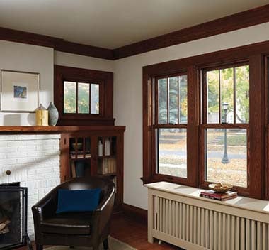traditional livingroom with wood framed windows