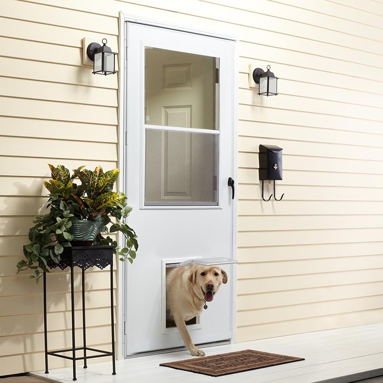 Storm Door With Pet Andersen Emco K900 Series - Patio Screen Door With Built In Doggie